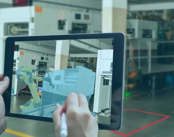 Tableta con realidad aumentada sobre maquinaria industrial
